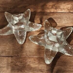 New - Set of 2 Crate & Barrel Starfish Clear Glass Votive Candle Holders 6”